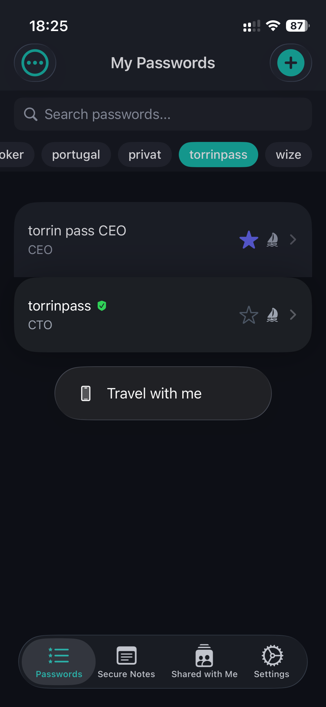 Password list in Filter View mode